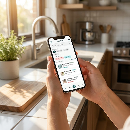 Hands holding a phone showing the MedCabinet cabinet screen in a kitchen