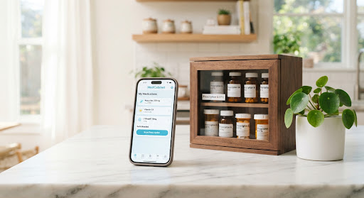 Phone showing MedCabinet beside an organized medicine chest