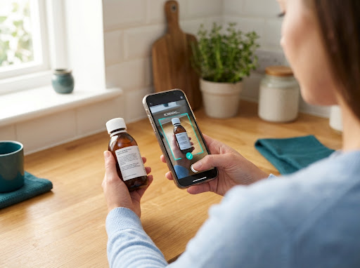 Scanning a medicine bottle with a phone on a kitchen counter